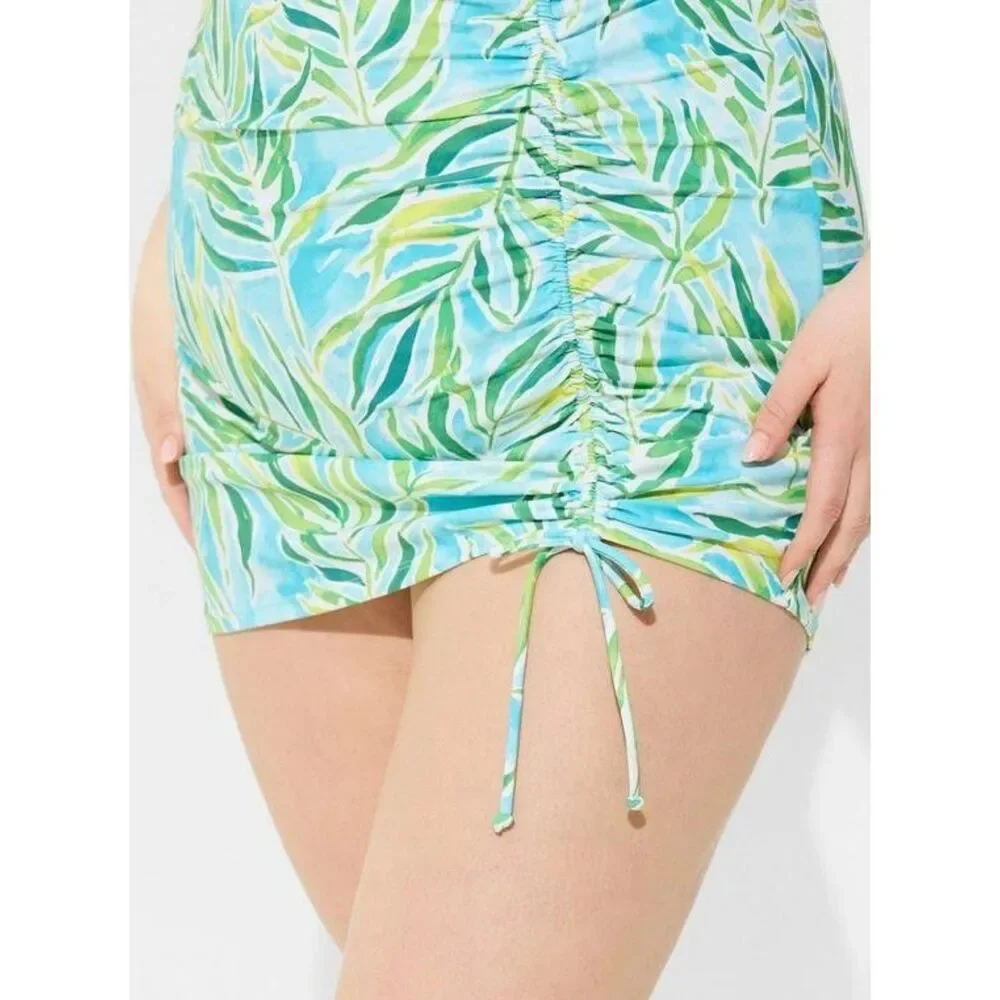 Torrid Wireless Side Cinch Fitted Swim Dress w/Brief Tropical Blue & Green Sz 10
